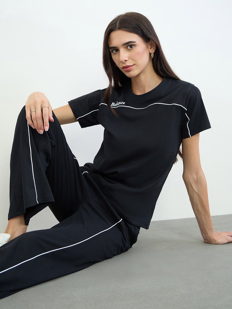 Black Piping Detail Cotton T-Shirt and Joggers Set