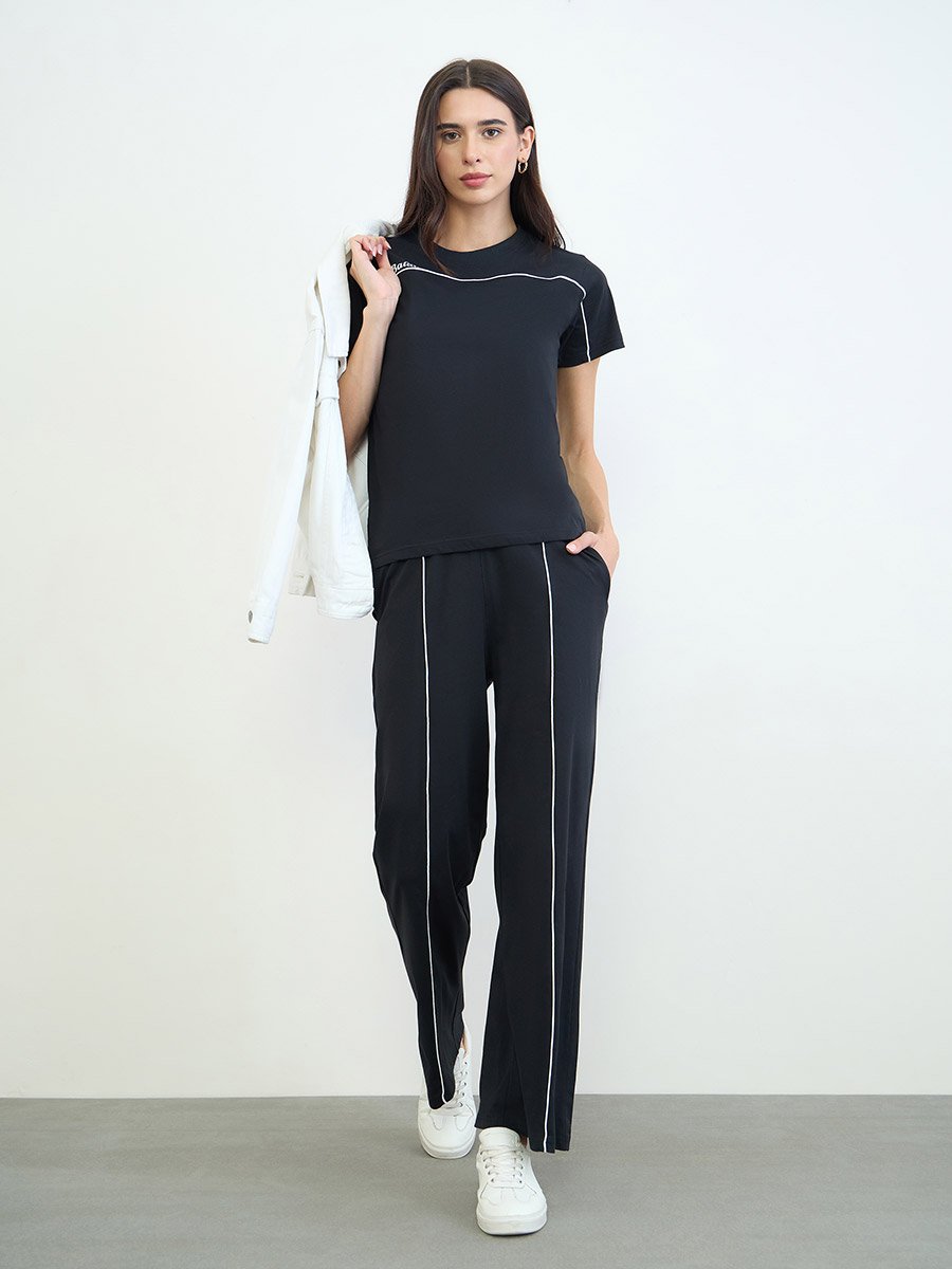 Black Piping Detail Cotton T-Shirt and Joggers Set