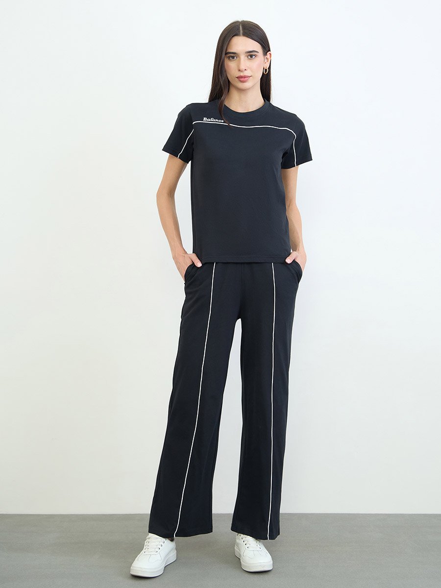 Black Piping Detail Cotton T-Shirt and Joggers Set