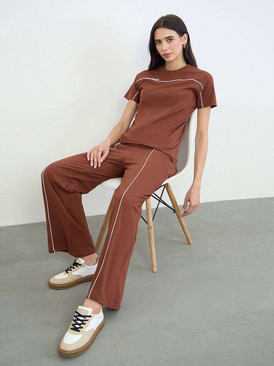 Brown Piping Detail Cotton T-Shirt and Joggers Set