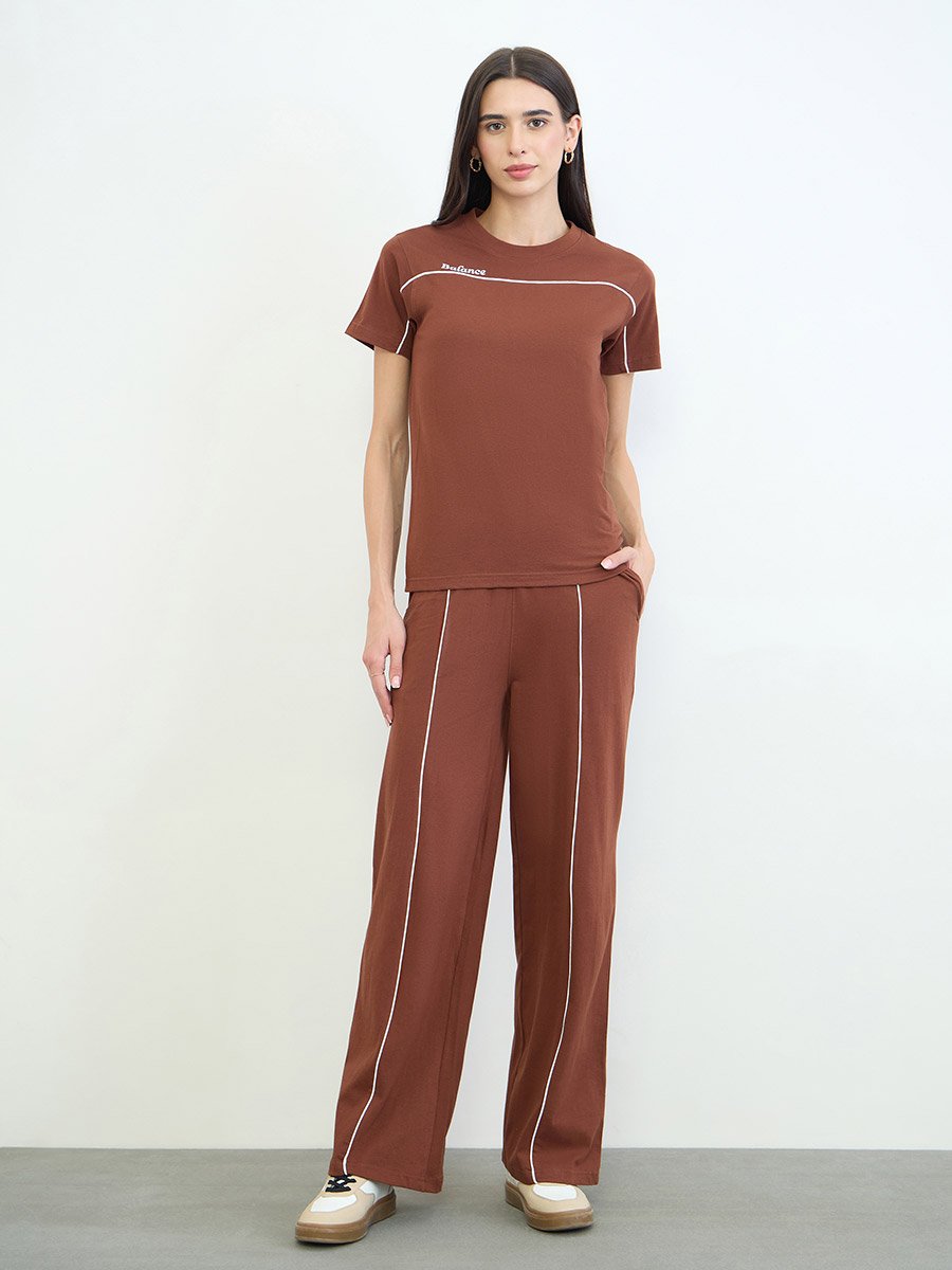 Brown Piping Detail Cotton T-Shirt and Joggers Set