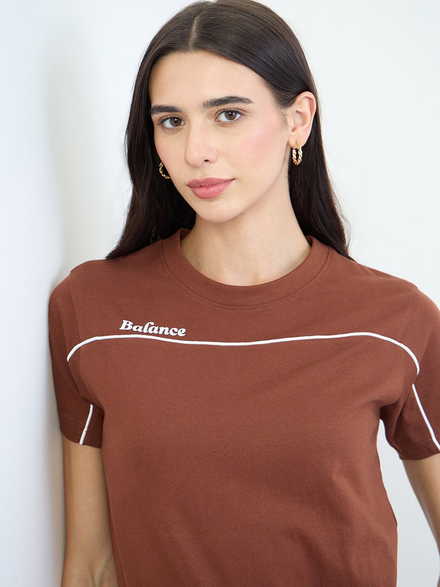 Brown Piping Detail Cotton T-Shirt and Joggers Set