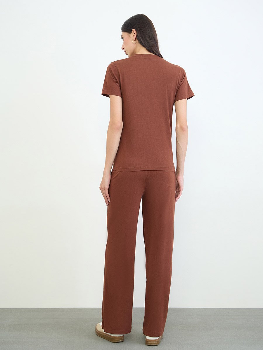 Brown Piping Detail Cotton T-Shirt and Joggers Set
