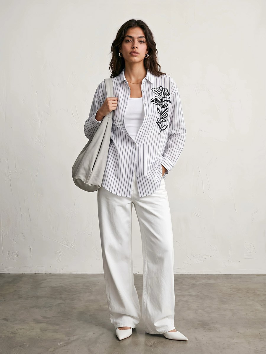 White Striped Floral Embroidery Oversized Shirt
