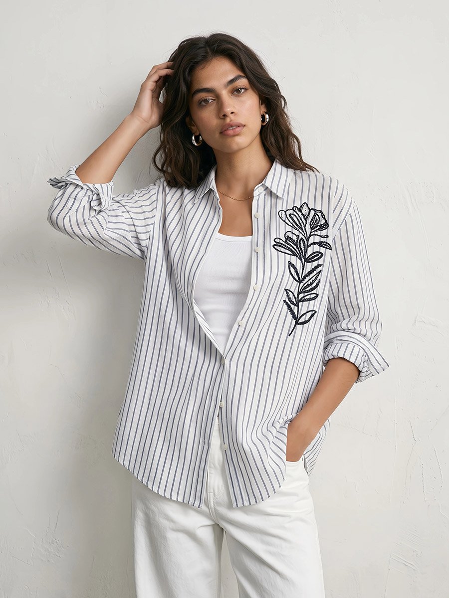 White Striped Floral Embroidery Oversized Shirt