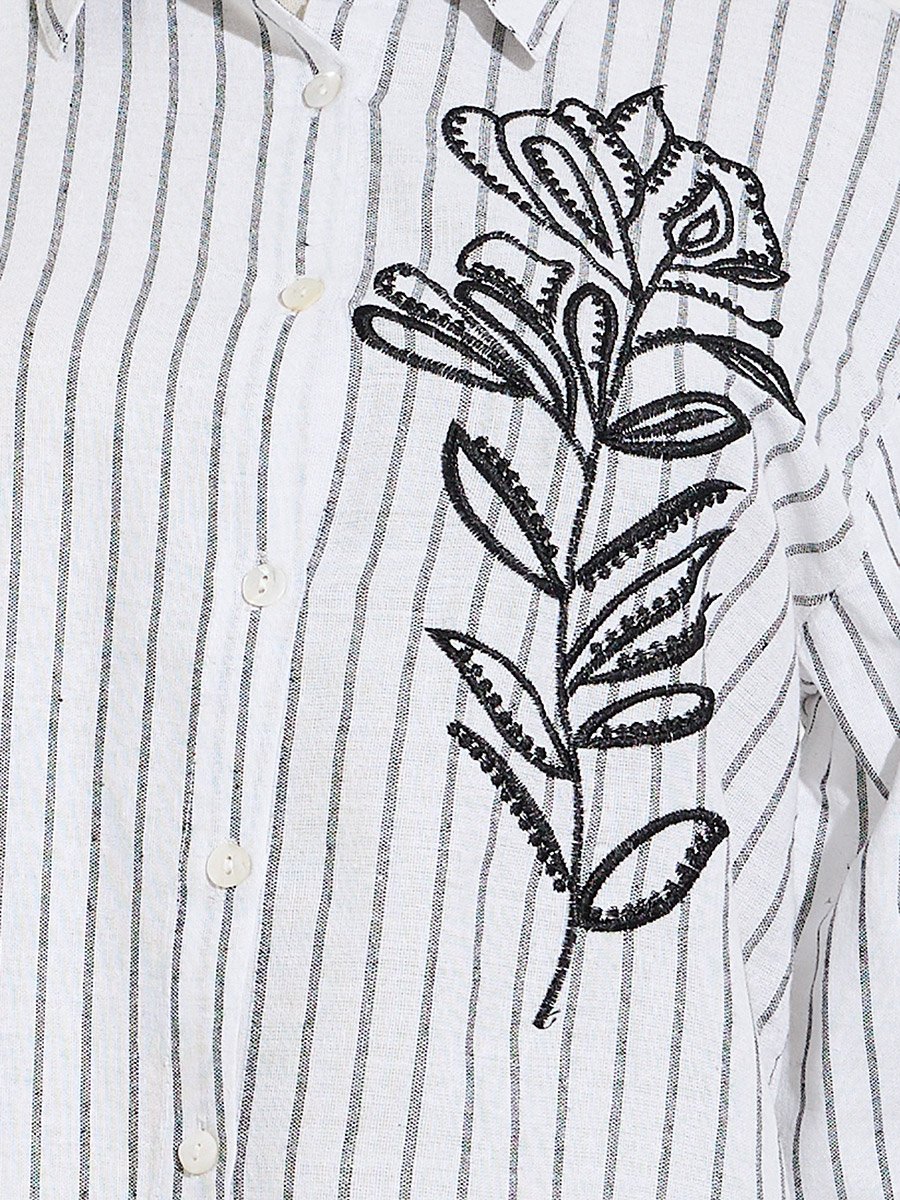 White Striped Floral Embroidery Oversized Shirt
