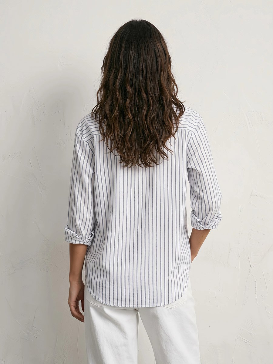White Striped Floral Embroidery Oversized Shirt