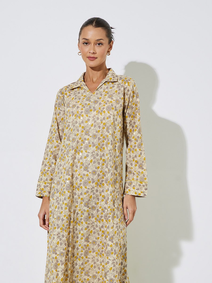 Multi-Color All Over Floral Print Collared Maxi Jalabiya