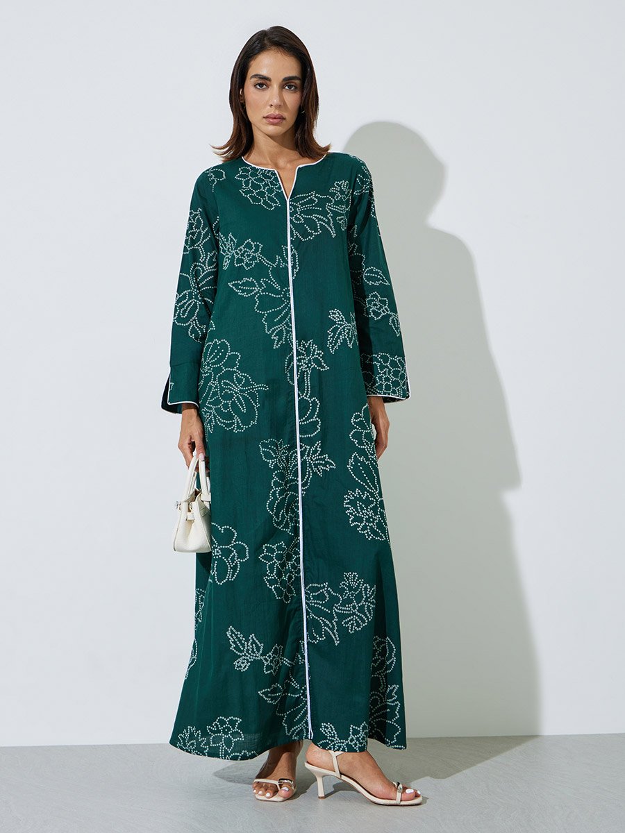 Green All Over Print Contrast Trim Maxi Jalabiya