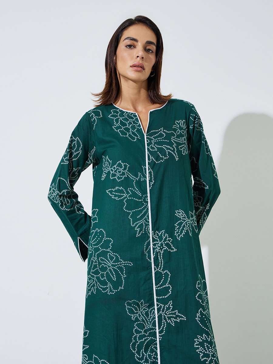 Green All Over Print Contrast Trim Maxi Jalabiya
