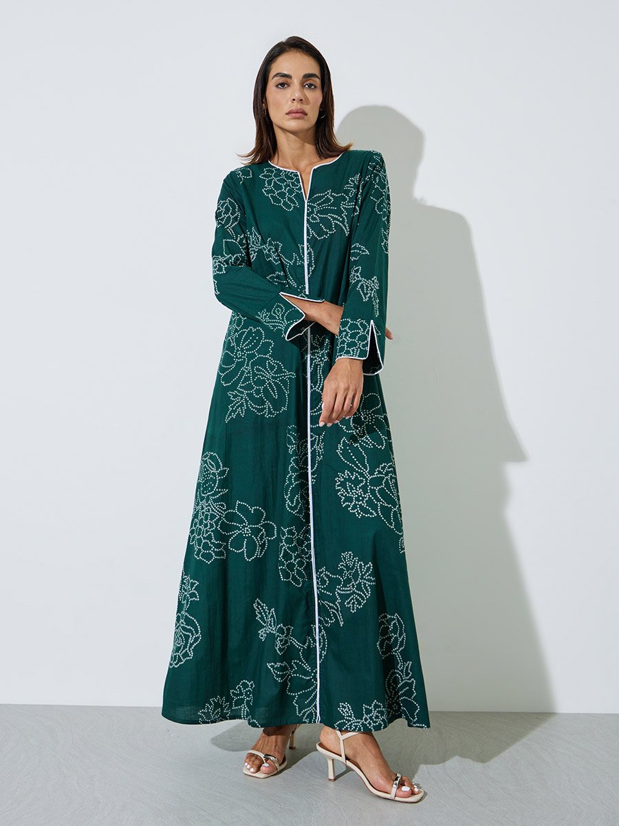 Green All Over Print Contrast Trim Maxi Jalabiya