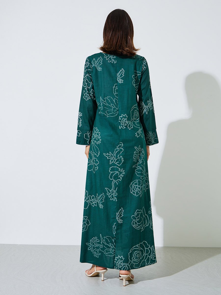 Green All Over Print Contrast Trim Maxi Jalabiya