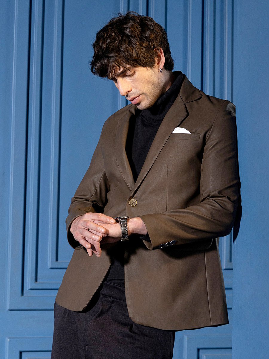 Men Coffee Brown Tailored-Leather Blazer