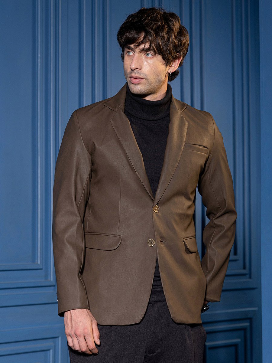 Men Coffee Brown Tailored-Leather Blazer