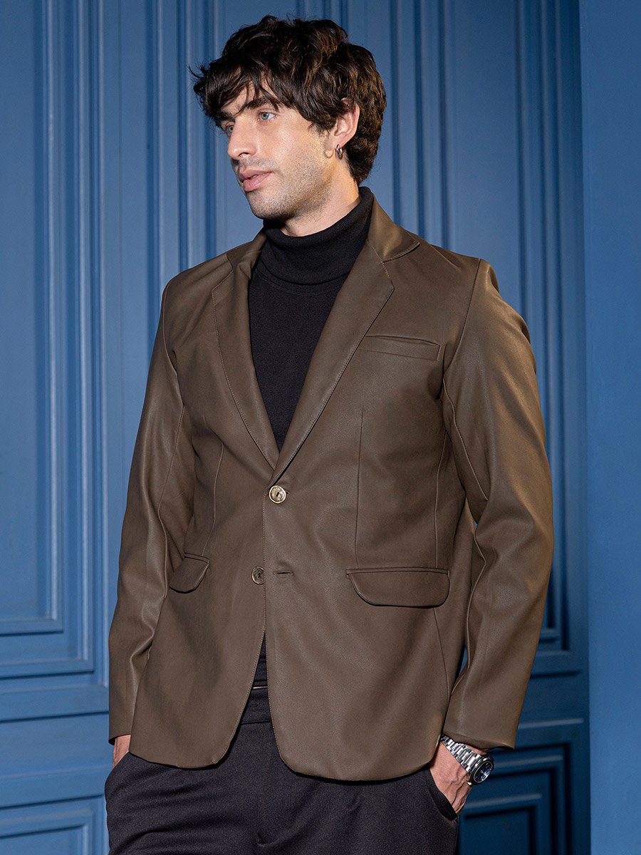 Men Coffee Brown Tailored-Leather Blazer