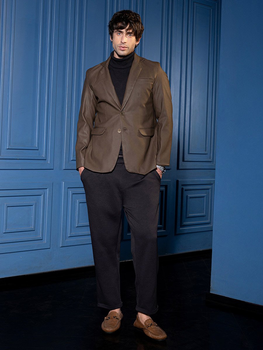 Men Coffee Brown Tailored-Leather Blazer