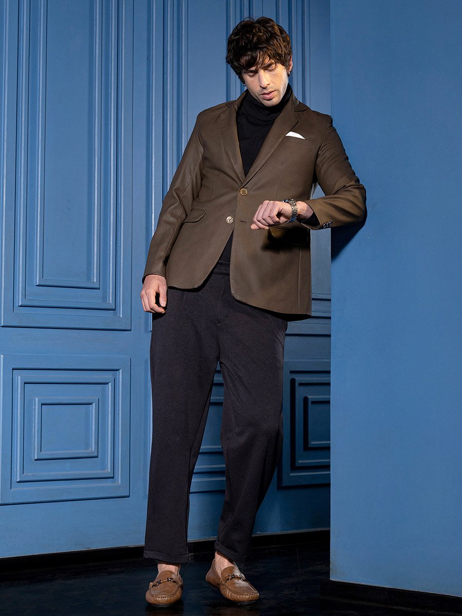 Men Coffee Brown Tailored-Leather Blazer