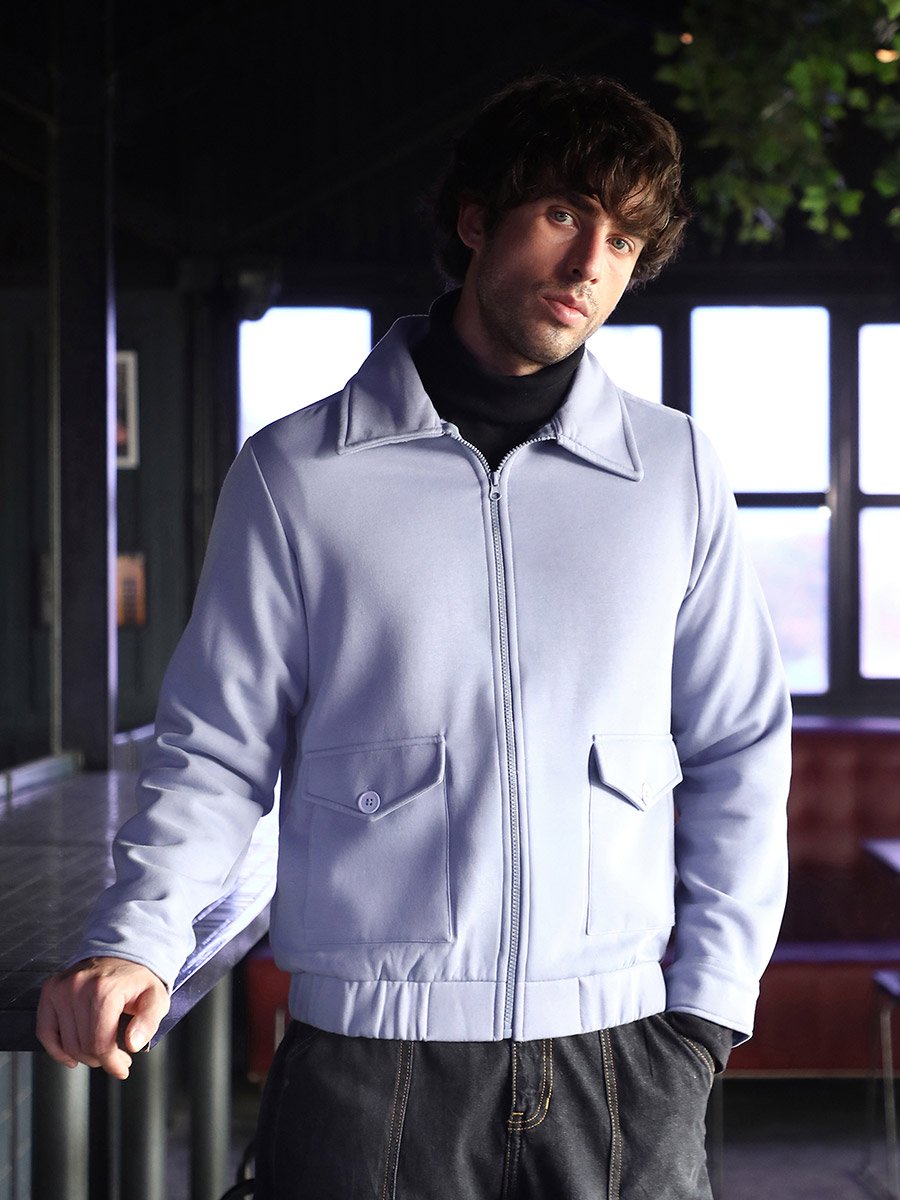 Men Blue Zip-Front Knit Jacket