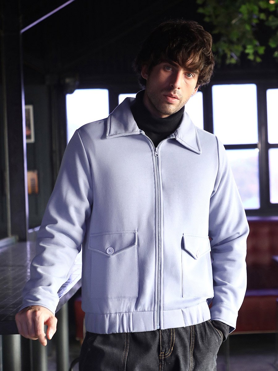Men Blue Zip-Front Knit Jacket