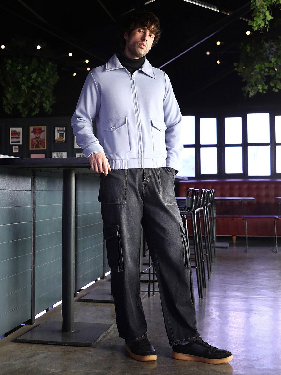 Men Blue Zip-Front Knit Jacket