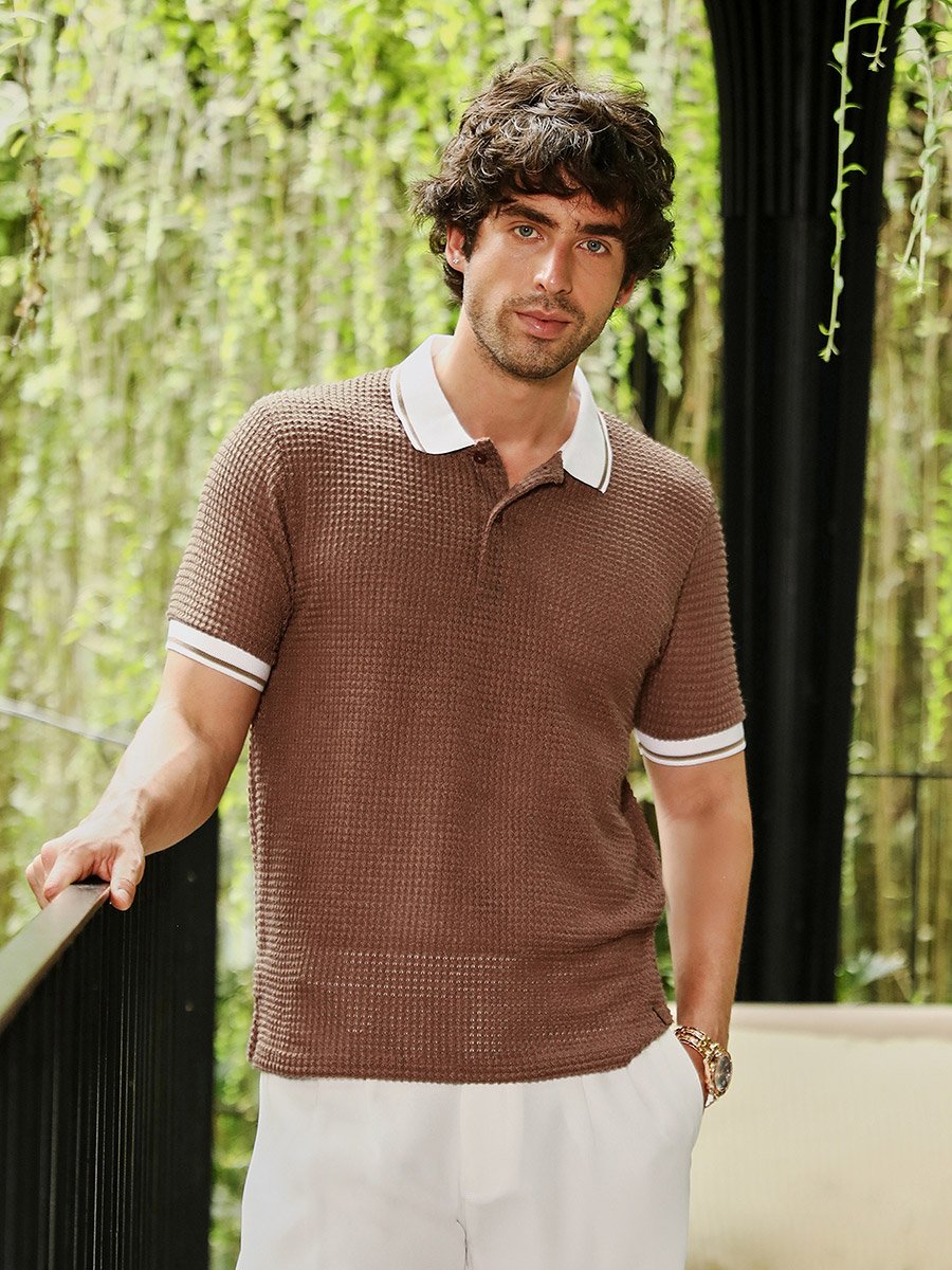 Men Brown Textured Contrast-Knit Polo