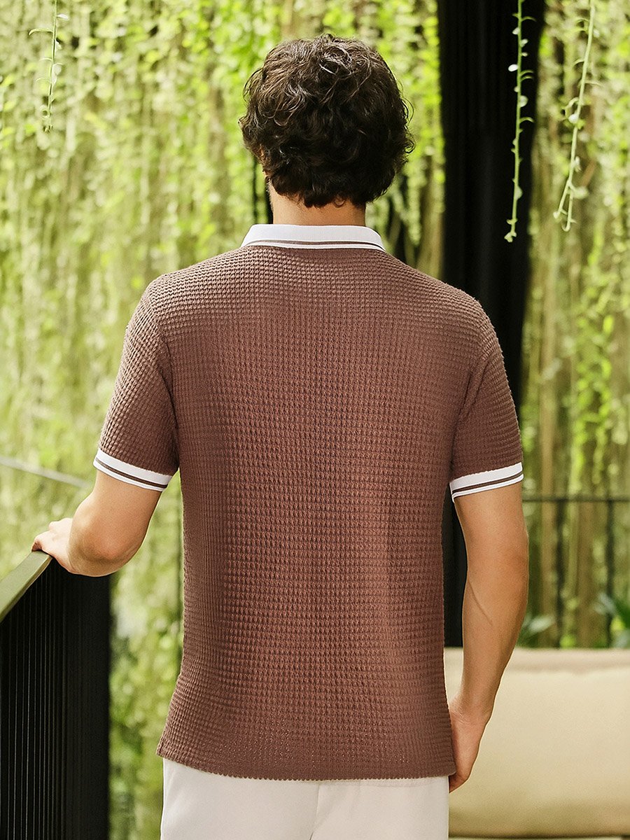 Men Brown Textured Contrast-Knit Polo