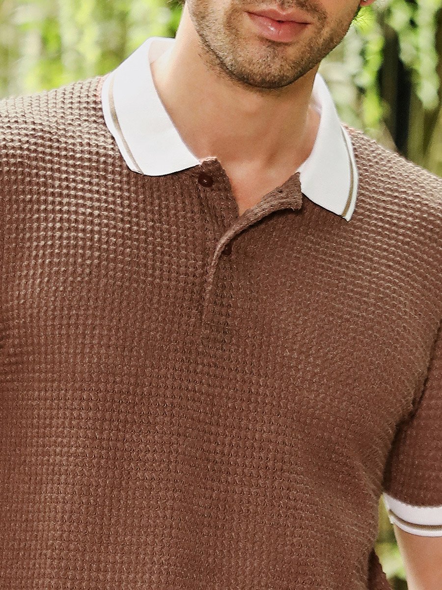 Men Brown Textured Contrast-Knit Polo