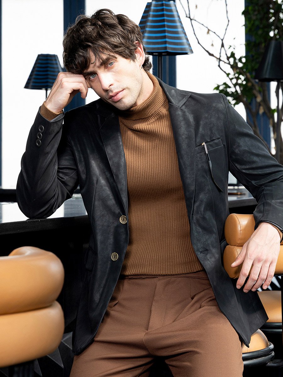 Men Onyx Black Tailored-Leather Blazer