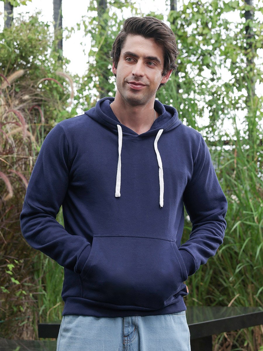 Men Navy Blue Regular Solid Hoodie