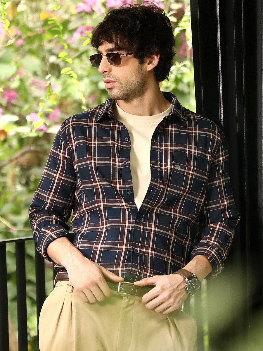Men Navy Blue Button-Down Tartan-Plaid Shirt