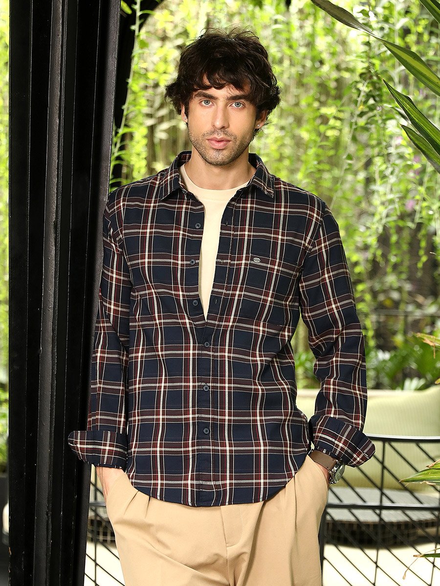 Men Navy Blue Button-Down Tartan-Plaid Shirt