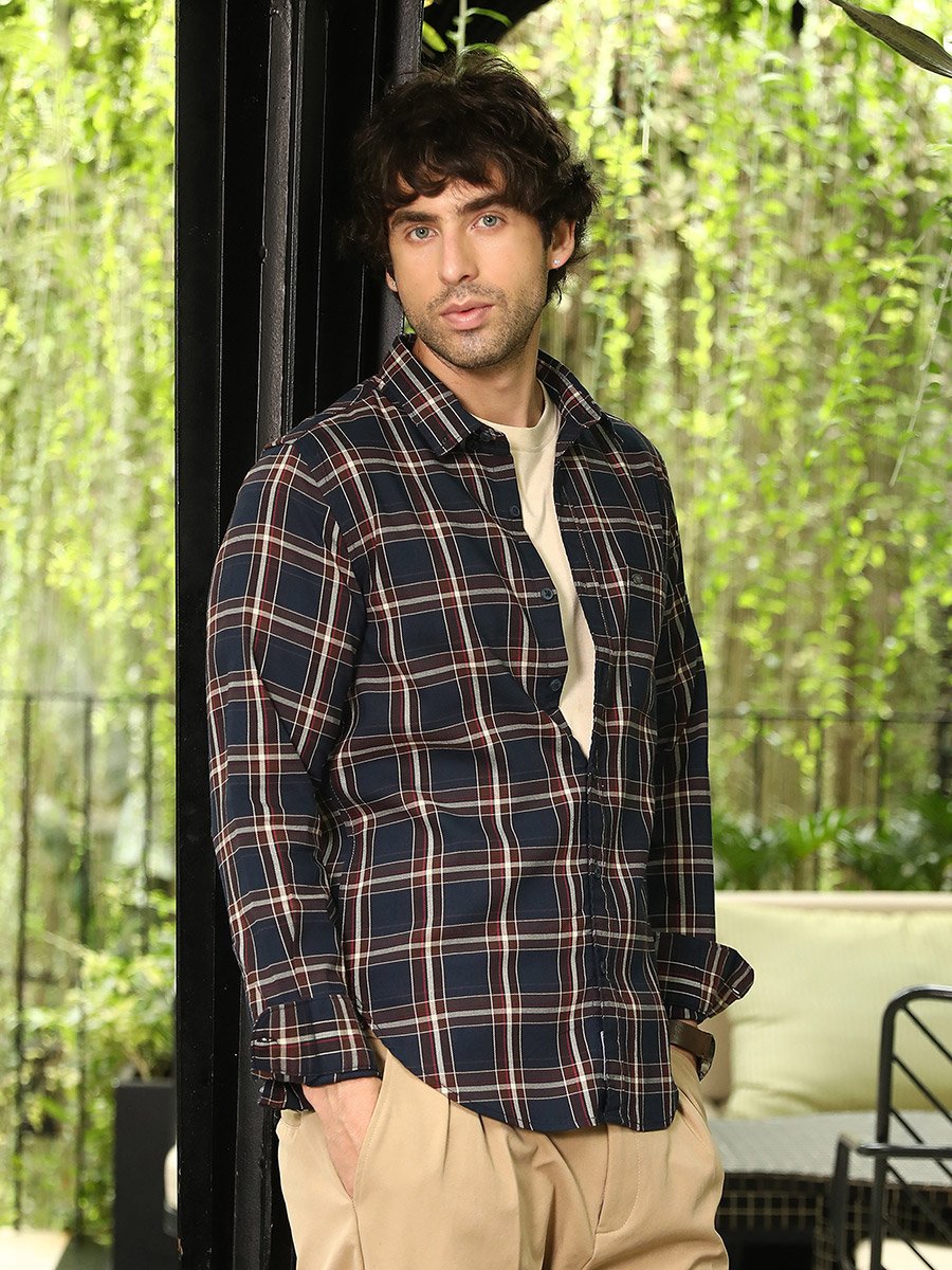 Men Navy Blue Button-Down Tartan-Plaid Shirt