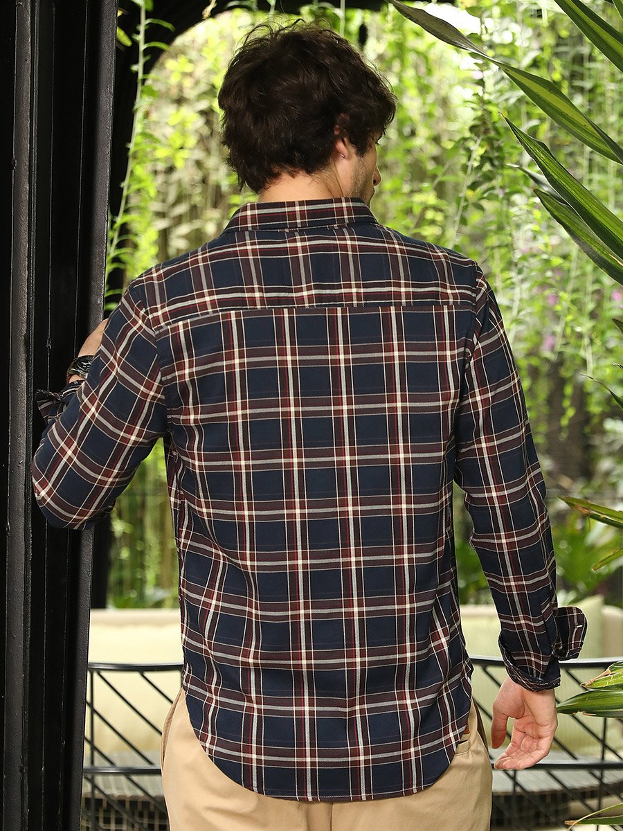 Men Navy Blue Button-Down Tartan-Plaid Shirt