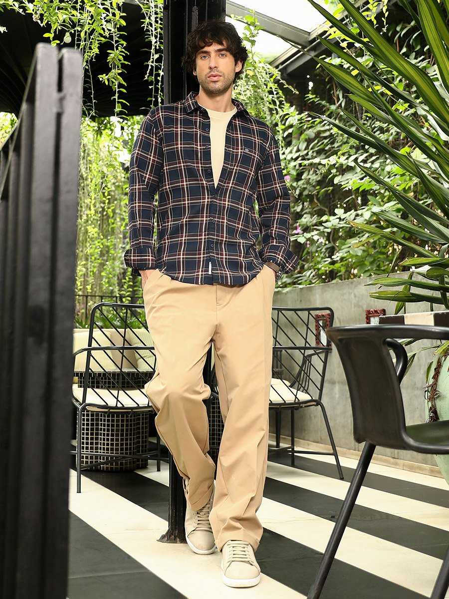 Men Navy Blue Button-Down Tartan-Plaid Shirt