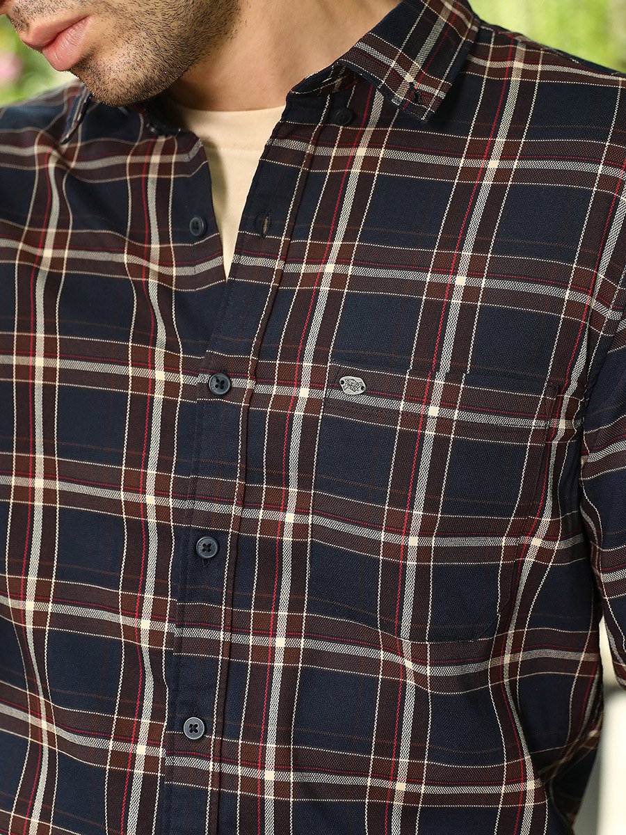 Men Navy Blue Button-Down Tartan-Plaid Shirt