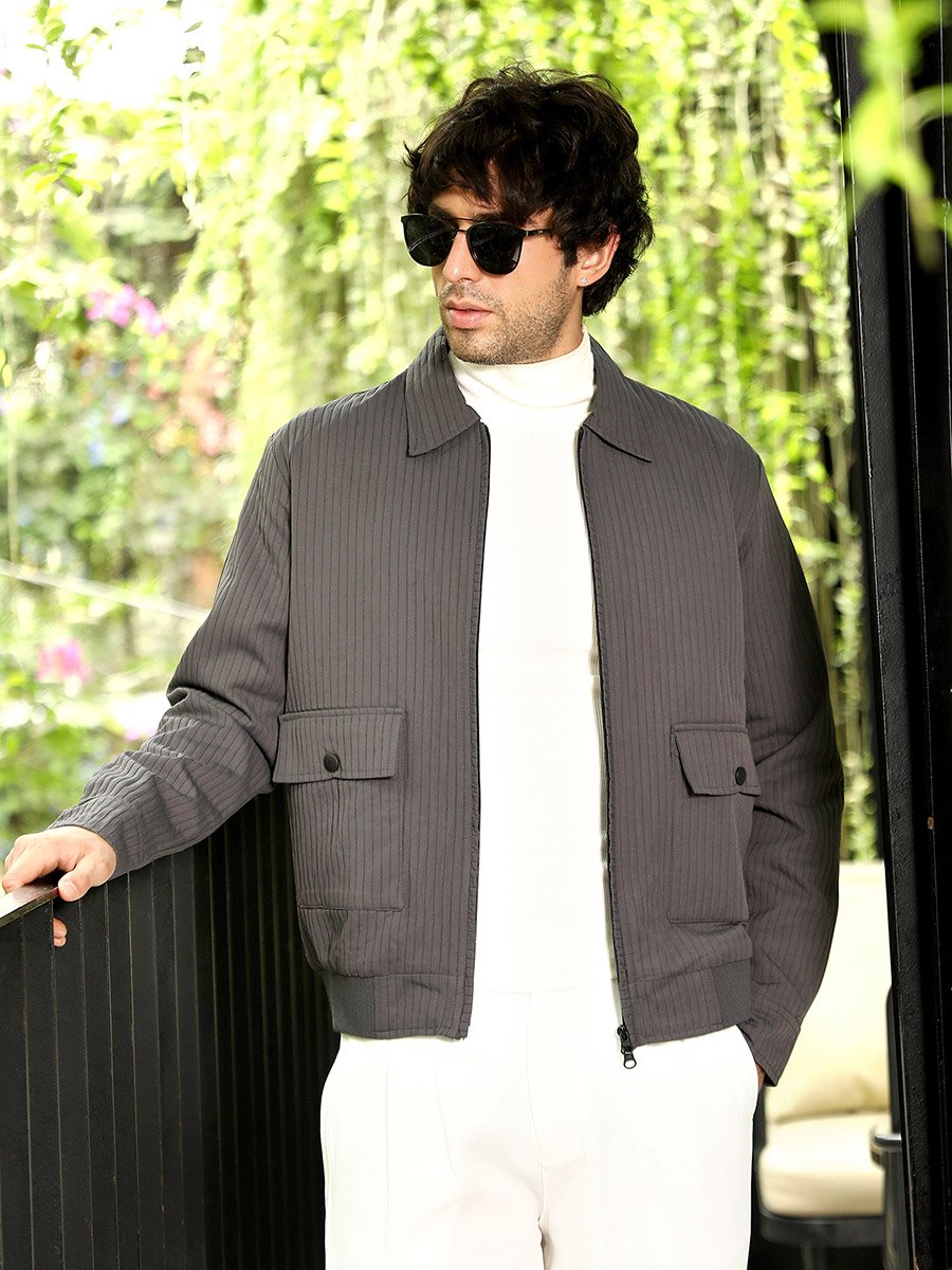 Men Grey Zip-Front Lined-Tactile Jacket