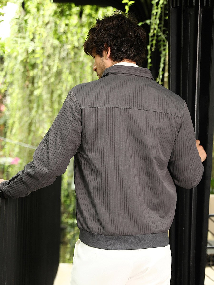 Men Grey Zip-Front Lined-Tactile Jacket