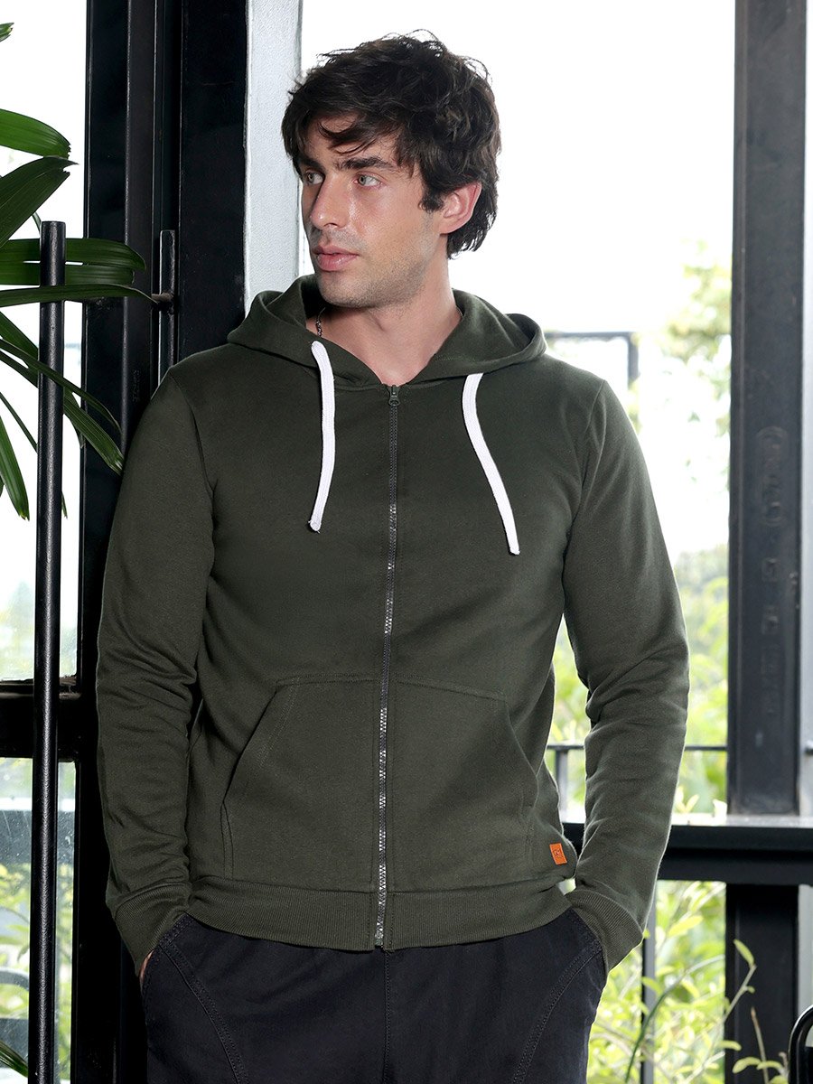 Men Seaweed Green Zip-Front Regular Sweatshirt