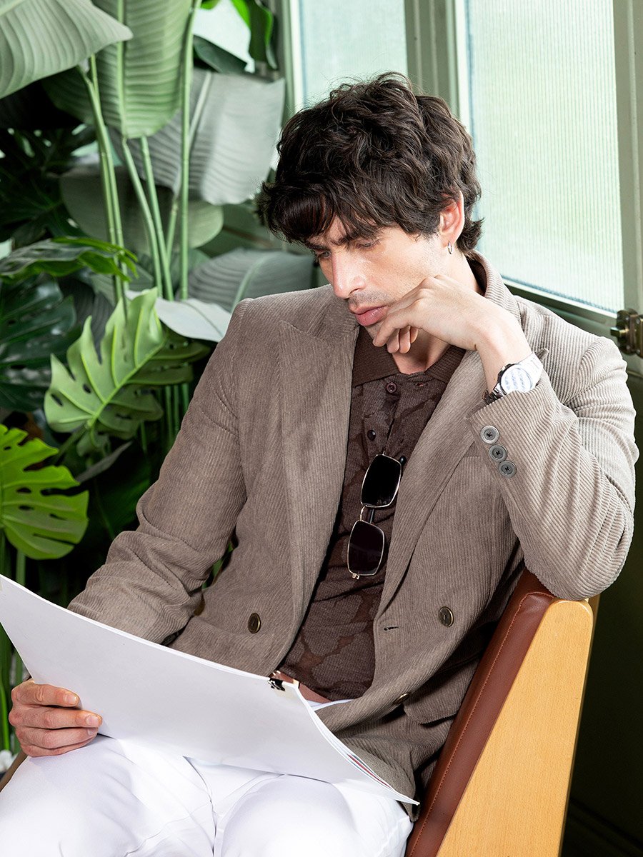 Men Light Taupe Double-Breasted Corduroy Blazer