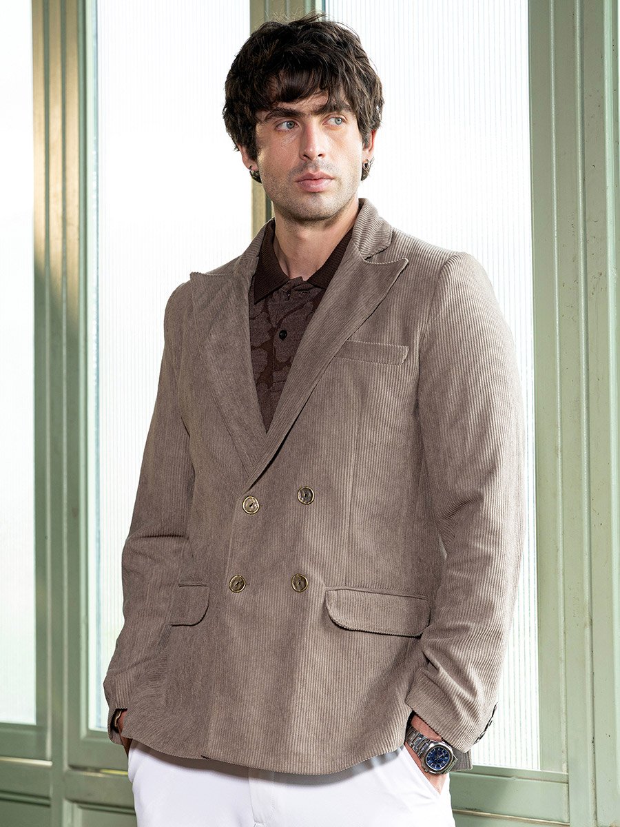Men Light Taupe Double-Breasted Corduroy Blazer