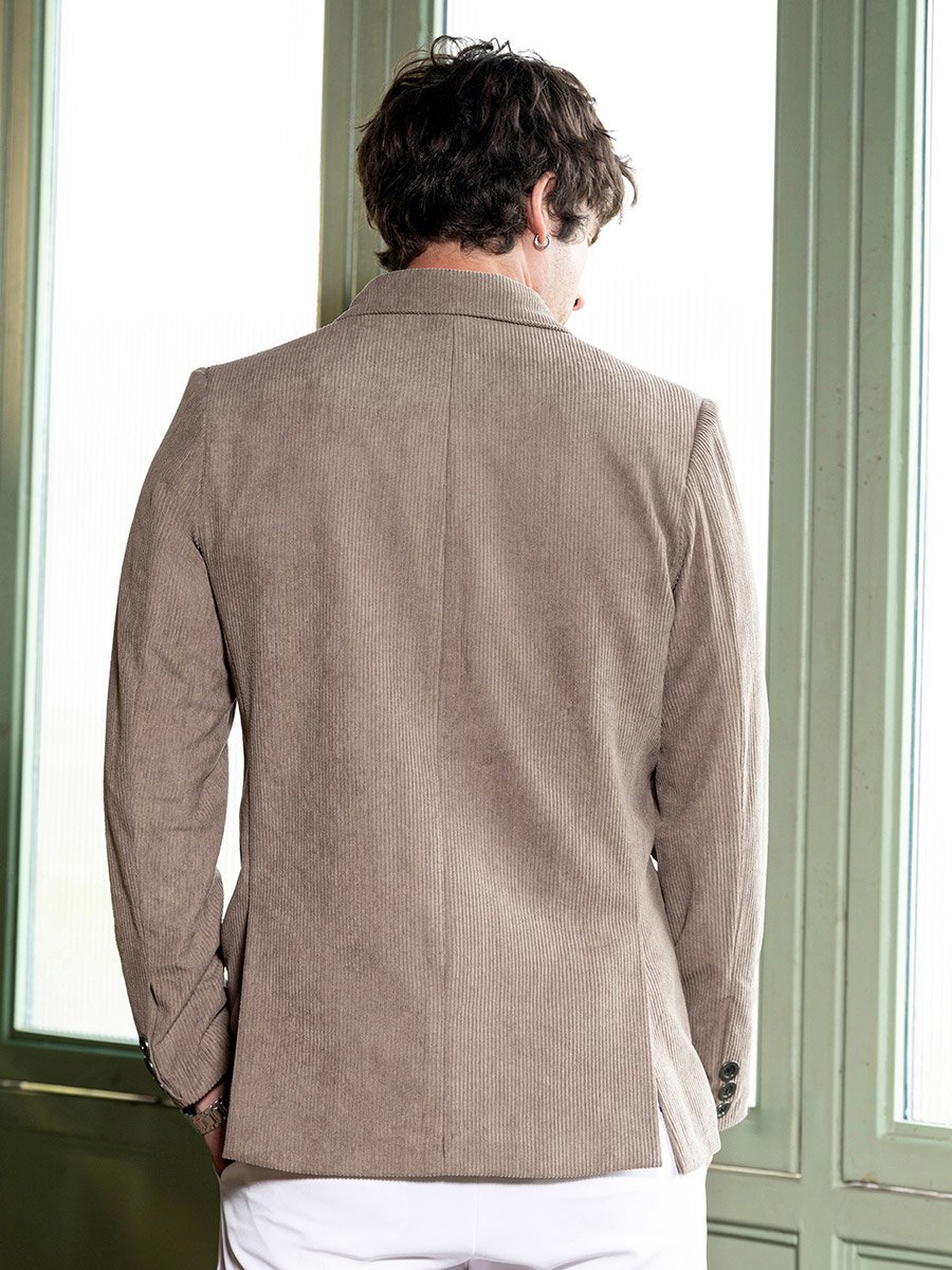 Men Light Taupe Double-Breasted Corduroy Blazer