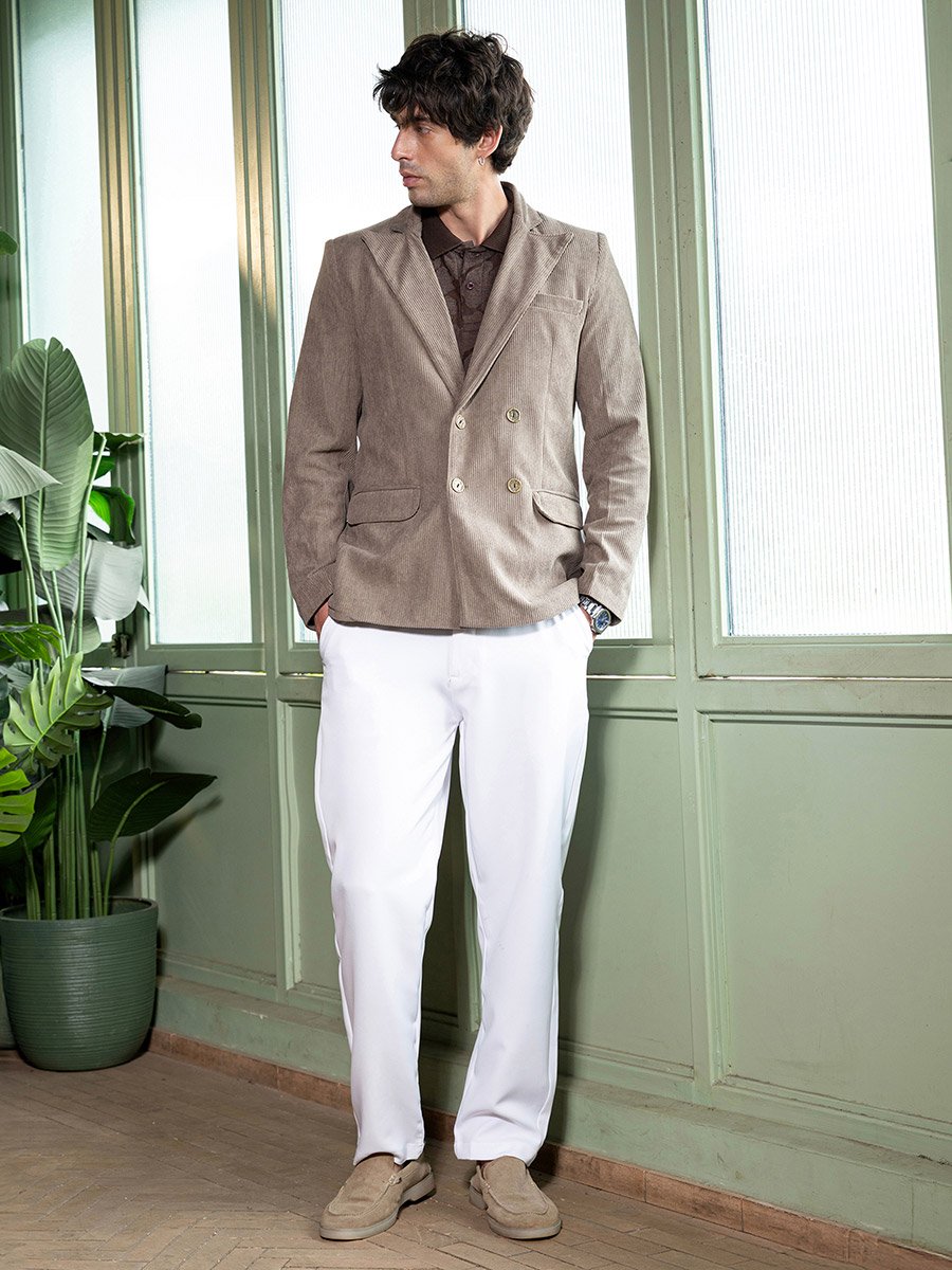Men Light Taupe Double-Breasted Corduroy Blazer