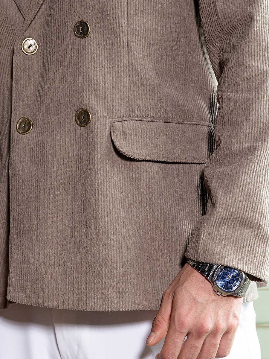 Men Light Taupe Double-Breasted Corduroy Blazer