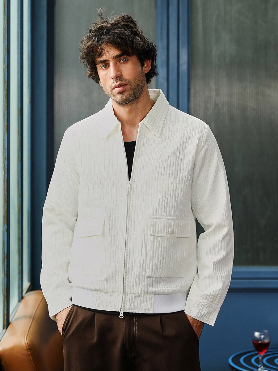 Men White Zip-Front Crease-Tactile Jacket