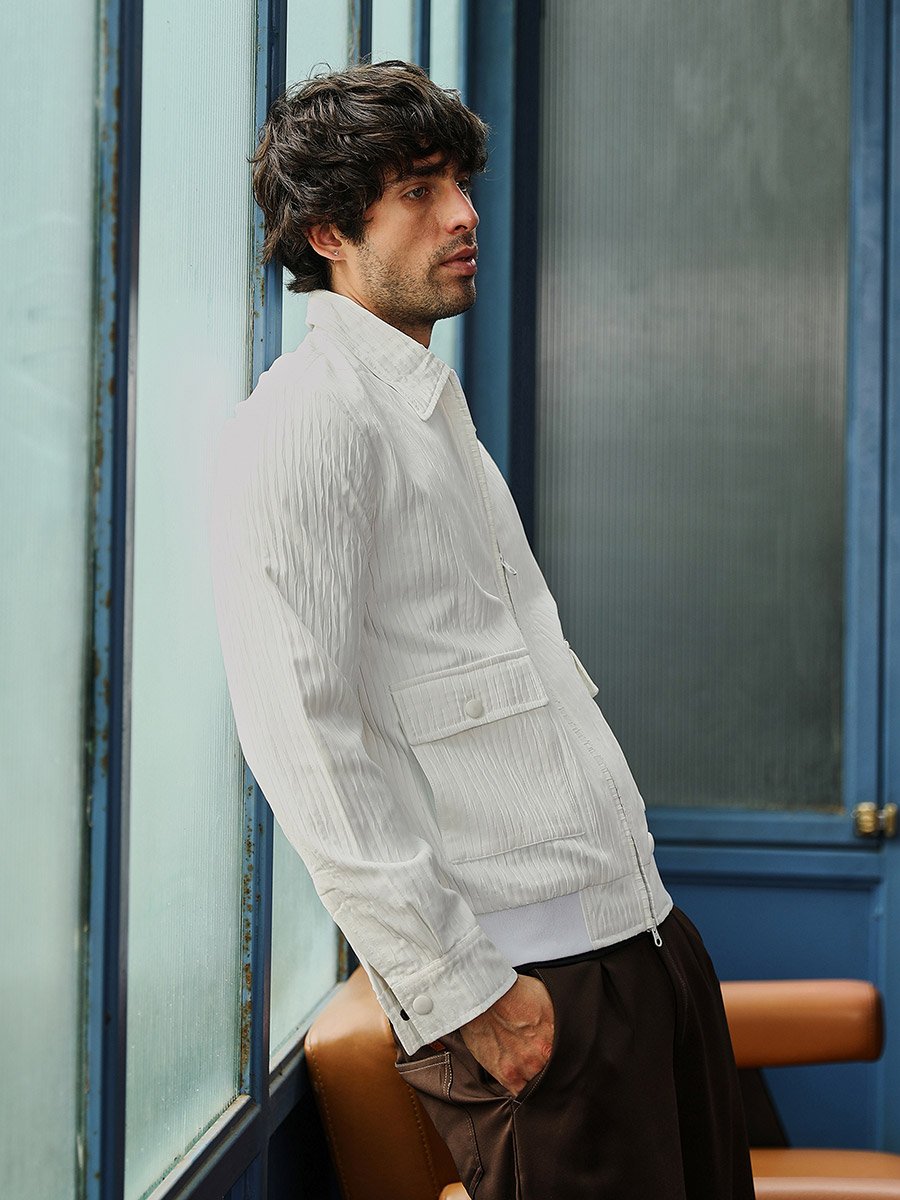 Men White Zip-Front Crease-Tactile Jacket