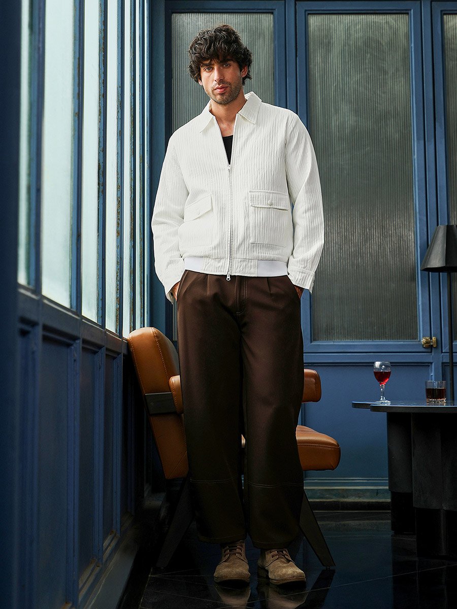 Men White Zip-Front Crease-Tactile Jacket