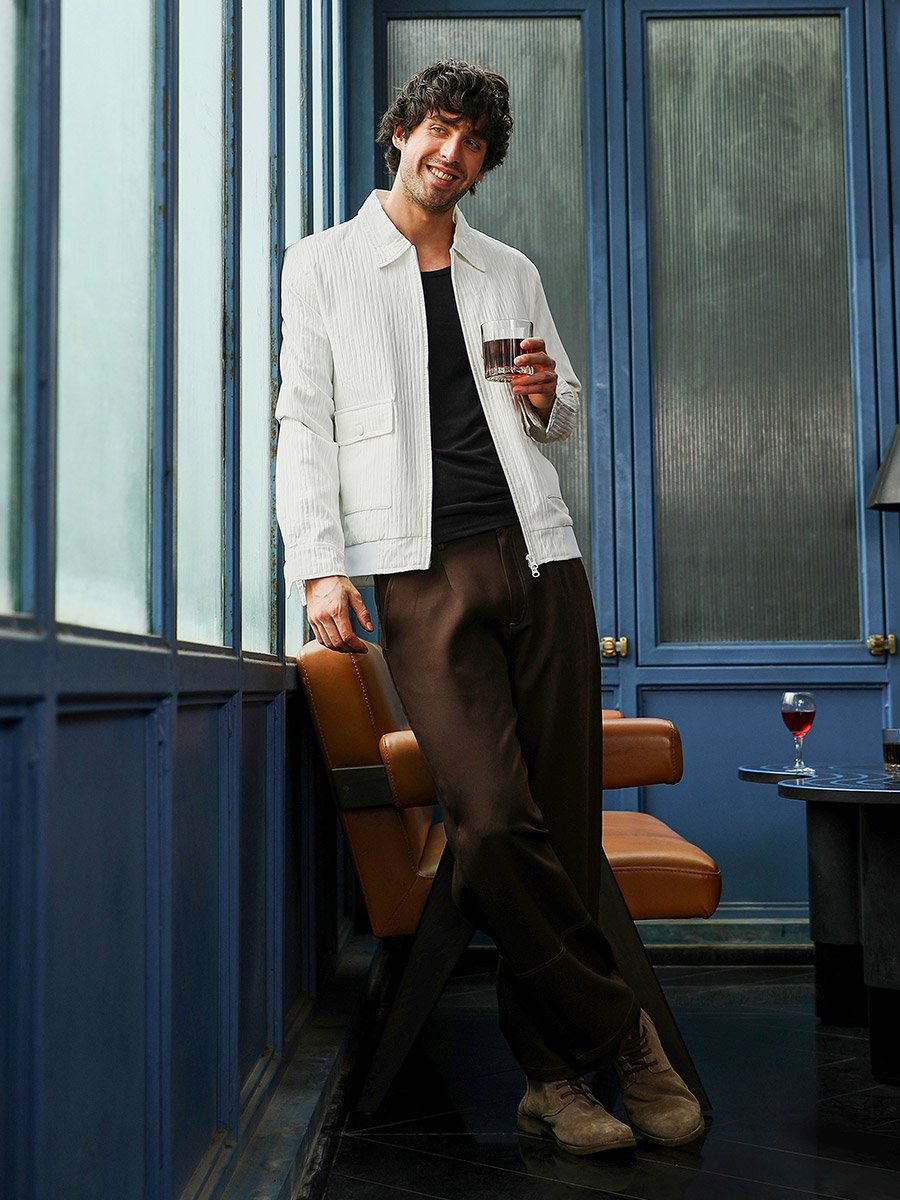Men White Zip-Front Crease-Tactile Jacket