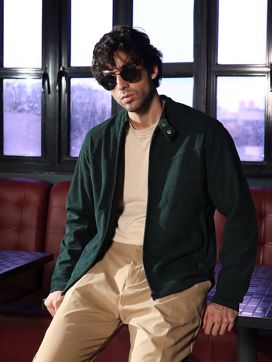 Men Emerald Green Corduroy Rider Jacket