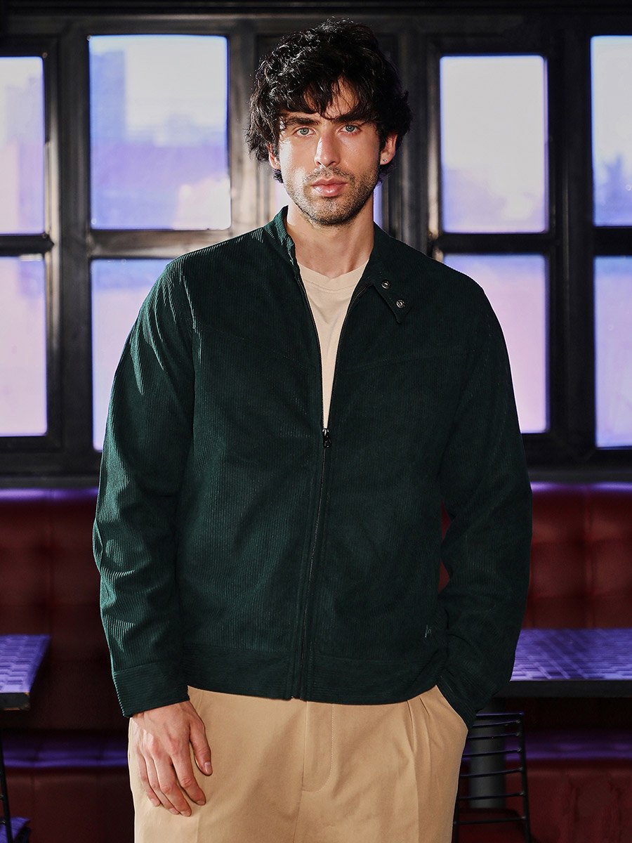 Men Emerald Green Corduroy Rider Jacket