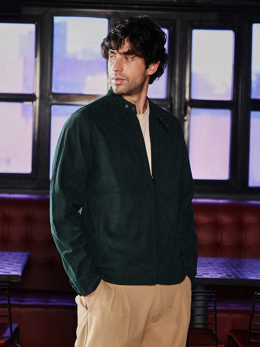 Men Emerald Green Corduroy Rider Jacket